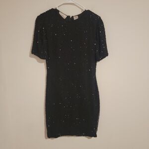 Vintage Laurence Kazar Dress Size Medium M Beaded‎ Black Silk Bodycon New Years